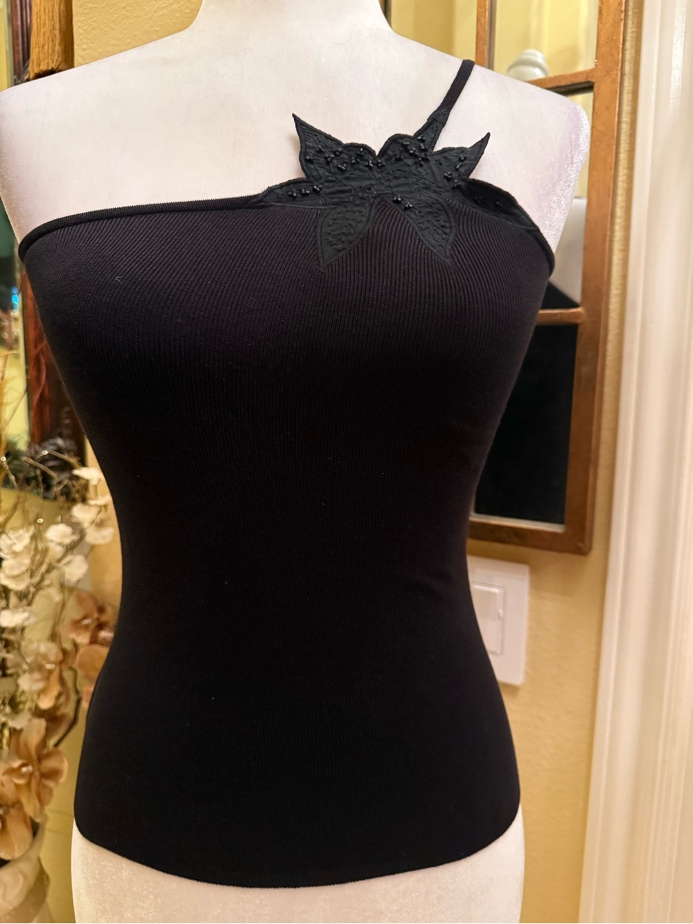 Urchin Black One-Shoulder Bead Embellished Silk- Stretch Knit-Tank Top NEW